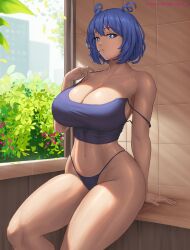 Rule 34 | alternate hairstyle, arm support, bare shoulders, blue eyes, blue hair, boku no hero academia, breasts, bright pupils, bush, camisole, cleavage, collarbone, cowboy shot, crop top, curvy, drill hair, hadou nejire, hair horns, highleg, highleg panties, highres, huge breasts, indoors, linea alba, looking at viewer, navel, panties, parted lips, shirt, short hair, sitting, strap slip, superbusty, taut clothes, taut shirt, thighs, underwear, window