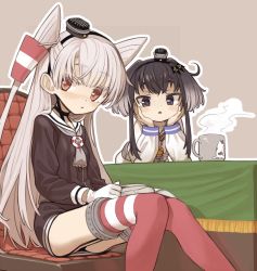 Rule 34 | 2girls, amatsukaze (kancolle), anchor symbol, black hair, black panties, book, brown background, brown dress, brown eyes, cat, chair, commentary request, cup, dress, garter straps, gloves, gradient hair, hair tubes, hat, kantai collection, long hair, mini hat, monaka ooji, mug, multicolored hair, multiple girls, outline, panties, red legwear, sailor dress, short dress, short hair, short hair with long locks, sidelocks, silver hair, simple background, single glove, sitting, steam, striped clothes, striped legwear, striped thighhighs, table, thighhighs, tokitsukaze (kancolle), two side up, underwear, white outline