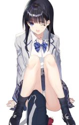 Rule 34 | 1girl, bag, black hair, black socks, blazer, blue eyes, bow, bowtie, commentary request, full body, highres, jacket, loafers, long hair, long sleeves, nakamura takeshi, open clothes, open mouth, original, panties, pantyshot, school bag, school uniform, shirt, shoes, simple background, sitting, skirt, smile, socks, solo, underwear, white background, white panties, white shirt