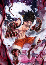 Rule 34 | 1boy, abs, alternate form, bare arms, bare shoulders, barefoot, black hair, blood, broken ground, burn scar, clenched hands, clenched teeth, collarbone, colored skin, energy, fighting stance, fingernails, fur trim, gear fourth, gear fourth: snakeman, haki, hands up, hat, hat on back, injury, jian liang, long hair, looking at viewer, making-of available, male focus, monkey d. luffy, multicolored skin, muscular, muscular male, one piece, open clothes, open vest, orange eyes, outstretched arm, pectorals, red skin, scar, scar on chest, scratches, shorts, signature, solo, standing, steam, stomach, straw hat, teeth, toenails, toes, vest