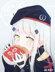 Rule 34 | 1girl, beret, burger, commentary, eating, facial mark, food, girls&#039; frontline, gloves, green eyes, hat, highres, hk416 (girls&#039; frontline), long hair, looking at viewer, peachyp, silver hair, simple background, solo