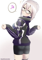 Rule 34 | 1girl, :t, ?, ahoge, artoria pendragon (fate), ashino moto, bike shorts, black choker, chewing, choker, closed mouth, commentary request, fate/grand order, fate (series), glasses, hair between eyes, hair bun, highres, jacket, long sleeves, looking back, mysterious heroine x alter (fate), mysterious heroine x alter (second ascension) (fate), platinum blonde hair, semi-rimless eyewear, short hair, sidelocks, simple background, single hair bun, solo, speech bubble, spoken question mark, standing, twitter username, yellow eyes