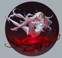 Rule 34 | 1girl, albino, blood, bodysuit, breasts, c home, chome, collar, colored eyelashes, covered erect nipples, covered navel, deadman wonderland, feet, full body, gem, gloves, hair between eyes, highres, legs up, lips, long hair, long sleeves, looking at viewer, medium breasts, midair, mittens, nose, parted lips, pink lips, red eyes, shiro (deadman wonderland), skin tight, solo, toeless legwear, toenails, toes, very long hair, white hair