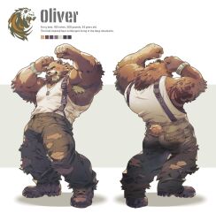 Rule 34 | 1boy, animal ears, armpit hair, armpits, arms up, ass, bara, bear boy, bear ears, bear tail, boots, brown fur, contrapposto, covered erect nipples, dog tags, double biceps pose, flexing, full body, furry, furry male, highres, large pectorals, looking at viewer, male focus, multiple views, muscular, muscular male, oliver (zero), original, pants, pectorals, short hair, sidepec, strongman waist, suspenders, tail, tank top, thick eyebrows, thick thighs, thighs, torn clothes, torn pants, white tank top, zero (zero 087)