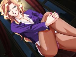Rule 34 | 1girl, blonde hair, breasts, business suit, cleavage, crotch seam, formal, game cg, hugging own legs, long hair, medium breasts, mutou keiji, nail polish, panties, panties under pantyhose, pantyhose, pantyshot, pink nails, sanatorium (zyx), solo, source request, suit, underwear, upskirt