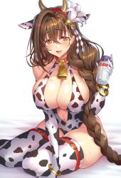 Rule 34 | 1girl, animal ears, animal print, bad id, bad twitter id, bare shoulders, bell, blush, bottle, bracelet, braid, breasts, brown eyes, brown hair, cleavage, collarbone, commentary request, cow ears, cow horns, cow print, cowbell, detached collar, elbow gloves, fake animal ears, flower, food, full body, gloves, hair flower, hair intakes, hair ornament, hair over shoulder, highres, holding, horns, jewelry, kanpani girls, large breasts, leotard, long hair, looking at viewer, milk, milk bottle, mole, mole under eye, open mouth, senri gan, shirayuri sakura, simple background, single braid, sitting, solo, sweatdrop, thighhighs, very long hair