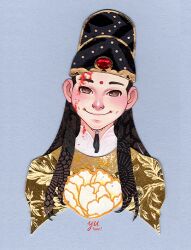 Rule 34 | 1boy, bindi, black hair, black hat, blood, blood on face, brown eyes, brown hair, chin strap, chinese clothes, closed mouth, cropped shoulders, dimple, facial mark, flower, gem, gold, grey background, hat, head tilt, jin guangyao, long hair, looking at viewer, male focus, modao zushi, paper cutout (medium), papercraft (medium), portrait, patterned hair, print shirt, red gemstone, shirt, signature, simple background, smile, solo, spoilers, unconventional media, yellow flower, yellow shirt, yutaan