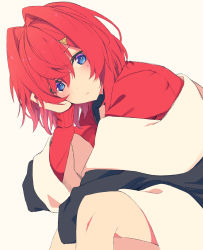Rule 34 | 1girl, absurdres, ange katrina, ange katrina (1st costume), black coat, blue eyes, blush, closed mouth, coat, commentary, hair between eyes, hair ornament, hairclip, hand on own cheek, hand on own face, highres, long sleeves, looking at viewer, nijisanji, off shoulder, red hair, red shirt, shirt, short hair, simple background, sitting, solo, talunilu uu3, virtual youtuber, white background