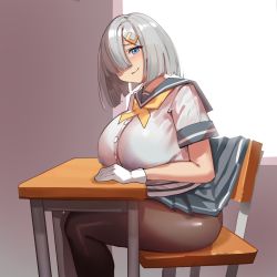 Rule 34 | 1girl, black pantyhose, blue eyes, breasts, chair, desk, gloves, grey hair, grey skirt, hair ornament, hair over one eye, hairclip, hamakaze (kancolle), highres, huge breasts, kantai collection, looking at viewer, miniskirt, neckerchief, on chair, pantyhose, pleated skirt, school chair, school desk, school uniform, serafuku, short hair, short sleeves, simplecar, sitting, skirt, smile, solo, thighs, white gloves, yellow neckerchief