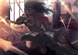Rule 34 | 1boy, armor, black hair, blood, chain, clenched teeth, commentary, dark-skinned male, dark skin, fate/stay night, fate (series), faulds, heracles (fate), heterochromia, indoors, male focus, motion blur, muscular, ouka (ra-raradan), reflection, reflective floor, rubble, topless male, solo, sword, teeth, weapon, window