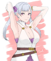 Rule 34 | 1girl, armpits, black clover, bow, breasts, cleavage, dress, hair bow, looking away, medium breasts, noelle silva, purple eyes, silver hair, smile, twintails