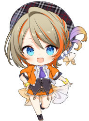 Rule 34 | 1girl, arm at side, blue eyes, brown hair, chibi, full body, hand on own hip, hat, hiyoku no crosspiece, jacket, kiya machi, looking at viewer, multicolored hair, nanashi inc., open clothes, open jacket, open mouth, orange hair, orange jacket, orange shorts, short hair, shorts, simple background, solo, standing, standing on one leg, streaked hair, touri sei, virtual youtuber, white background