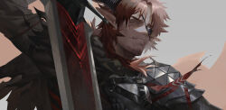 Rule 34 | 1boy, absurdres, arknights, black shirt, demon boy, demon horns, eyepatch, gloves, highres, hoederer (arknights), holding, horns, long hair, male focus, pointy ears, red eyes, red hair, shirt, weapon, y (wuhanyxt)