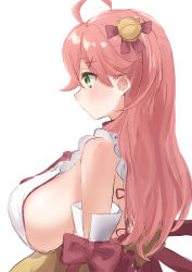 Rule 34 | 1girl, ahoge, bare shoulders, bell, blush, breasts, commentary request, duplicate, from side, green eyes, hair bell, hair ornament, hairclip, highres, hololive, huge breasts, long hair, oggu (neoguloliko), pink hair, pixel-perfect duplicate, sakura miko, sakura miko (1st costume), sideboob, solo, virtual youtuber, white background, x hair ornament