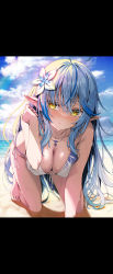 Rule 34 | 1girl, ahoge, all fours, beach, bikini, blue hair, blush, breasts, cleavage, closed mouth, cloud, colored tips, elf, flower, front-tie bikini top, front-tie top, hair between eyes, hair flower, hair ornament, heart, heart ahoge, highres, hololive, jewelry, kubota masaki, large breasts, long hair, looking at viewer, multicolored hair, necklace, ocean, pointy ears, side-tie bikini bottom, sky, solo, streaked hair, swimsuit, very long hair, virtual youtuber, yellow eyes, yukihana lamy