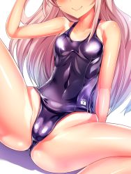 Rule 34 | 10s, 1girl, arm up, bare shoulders, blonde hair, blush, breasts, cameltoe, covered navel, fang, head out of frame, kantai collection, lips, long hair, one-piece swimsuit, one-piece tan, ro-500 (kancolle), school swimsuit, shiny clothes, shiny skin, silly (marinkomoe), simple background, sitting, small breasts, smile, solo, spread legs, swimsuit, tan, tanline, thighs, white background