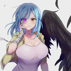 Rule 34 | 1girl, bandaged arm, bandages, blue hair, blush, braid, breasts, cleavage, feathers, hand up, heterochromia, highres, konboi-eg, large breasts, looking at viewer, medium hair, moira (nijisanji), mole, mole under mouth, nijisanji, pink eyes, shirt, simple background, single wing, smile, solo, virtual youtuber, white background, white shirt, wings, yellow eyes