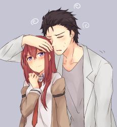 Rule 34 | 1boy, 1girl, black hair, blue background, blush, breasts, collarbone, collared shirt, embarrassed, closed eyes, facial hair, hair between eyes, hand on another&#039;s head, jacket, lab coat, long hair, makise kurisu, messy hair, necktie, off shoulder, okabe rintarou, red hair, shirt, short hair, simple background, small breasts, steins;gate, stubble, sweatdrop, swirl, upper body, wavy mouth, yugure