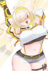 Rule 34 | 1girl, :3, absurdres, ahoge, arms up, blonde hair, breasts, cropped jacket, curvy, elegg (nikke), fang, goddess of victory: nikke, hair intakes, hair over eyes, highres, jacket, large breasts, long sleeves, looking at viewer, micro shorts, multicolored hair, navel, open mouth, plump, purple eyes, short hair, short shorts, shorts, sirahune penny, solo, stretching, textless version, thick thighs, thigh strap, thighs, white jacket, wide hips