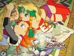 Rule 34 | 1990s (style), 1boy, 1girl, blue eyes, candle, carpet, compass, cropped, cup, feena (grandia), game arts, grandia, grandia i, green eyes, green hair, hair tubes, hat, hontani toshiaki, justin (grandia), layered sleeves, lying, map, miniskirt, official art, official wallpaper, on back, on stomach, one eye closed, orange hair, pointing, red hair, retro artstyle, skirt, striped clothes, striped thighhighs, teacup, tent, thighhighs, unworn hat, unworn headwear, wink