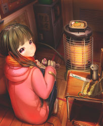 Rule 34 | 1girl, aiuabo, black eyes, black hair, blunt bangs, book, can, chair, chopsticks, coat, commentary request, eating, electrical outlet, food, gloves, unworn gloves, heater, highres, holding glove, long hair, looking at viewer, looking back, noodles, orange scarf, original, pink coat, plaid, plaid scarf, pleated skirt, ramen, scarf, school chair, shoes, shrimp, shrimp tempura, sitting, skirt, smile, solo, tempura, uwabaki, winter, winter clothes, wooden floor