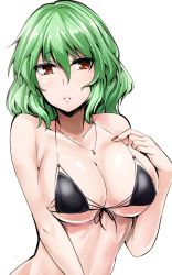 Rule 34 | 1girl, alternate costume, bikini, black bikini, breasts, cleavage, front-tie bikini top, front-tie top, green hair, halterneck, highres, jewelry, kazami yuuka, large breasts, looking at viewer, micro bikini, nail polish, necklace, one-hour drawing challenge, parted lips, red eyes, red nails, short hair, simple background, solo, swimsuit, touhou, underboob, upper body, white background, y2