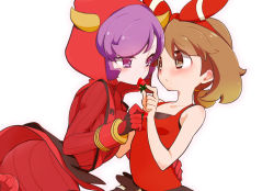 Rule 34 | 10s, 2girls, age difference, blush, brown eyes, brown hair, chorimokki, courtney (pokemon), courtney (pokemon oras), creatures (company), eye contact, fake horns, feeding, food, fruit, game freak, gloves, hair ribbon, hand on another&#039;s hip, horned headwear, horns, looking at another, may (pokemon), may (pokemon oras), multiple girls, nintendo, pokemon, pokemon oras, purple eyes, purple hair, ribbed sweater, ribbon, shirt, short hair, shorts, sleeveless, sleeveless shirt, strawberry, sweater, team magma, two side up, uniform, white background, yuri