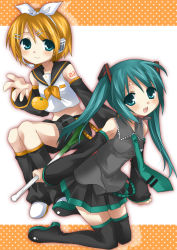 Rule 34 | 2girls, :d, aqua eyes, aqua hair, bare shoulders, blonde hair, blouse, blush, boots, bow, detached sleeves, floating, food, fruit, hair ornament, hairclip, hatsune miku, headphones, headset, holding, kagamine rin, kneeling, leg warmers, looking at viewer, midriff, multiple girls, necktie, open mouth, orange (fruit), pleated skirt, shiratama, shiratama yomogi, shirt, shoes, shorts, skirt, sleeveless, sleeveless shirt, smile, spring onion, star (symbol), thigh boots, thighhighs, treble clef, twintails, vocaloid, white shirt, zettai ryouiki