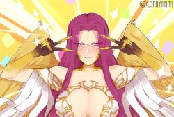 Rule 34 | 1girl, artist name, bare shoulders, blush, breasts, bustier, claws, cleavage, cleavage cutout, clenched teeth, clothing cutout, collarbone, confetti, double v, emotional engine - full drive, fate/grand order, fate (series), female focus, forehead, gorgon (fate), gorgon (third ascension) (fate), hands up, large breasts, long hair, looking at viewer, matching hair/eyes, medusa (fate), medusa (rider) (fate), monster girl, oniiyanna, parody, parted bangs, purple eyes, purple hair, rider, scales, slit pupils, solo, sparkle, teeth, v, very long hair, wings, yellow background