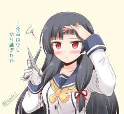 Rule 34 | 1girl, arm up, black hair, blue sailor collar, blush, buttons, collarbone, commentary request, cutting hair, frown, gloves, hair ribbon, holding, holding own hair, holding scissors, isokaze (kancolle), kantai collection, long hair, long sleeves, outline, red eyes, red ribbon, ribbon, sailor collar, school uniform, scissors, serafuku, shizuna kaede, simple background, single glove, solo, squiggle, sweatdrop, translation request, tress ribbon, twitter username, upper body, white gloves, white outline, yellow background, yellow neckwear