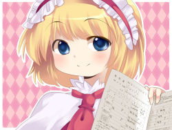 Rule 34 | 1girl, alice margatroid, argyle, argyle background, argyle clothes, bad id, bad pixiv id, blonde hair, blue eyes, blush, capelet, hairband, hammer (sunset beach), lolita hairband, looking at viewer, marriage certificate (object), necktie, short hair, smile, solo, touhou, upper body