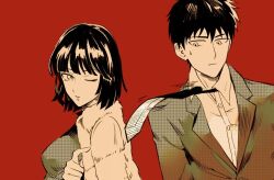 Rule 34 | 1boy, 1girl, aged down, black hair, black necktie, blunt bangs, closed mouth, coat, coat on shoulders, commentary request, formal, fubuki (one-punch man), necktie, one-punch man, one eye closed, red background, saitama (one-punch man), shirt, short hair, simple background, suit, sylvie271, white shirt