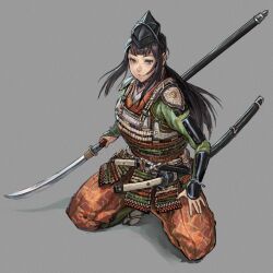 Rule 34 | 1girl, arm guards, armor, black hair, black hat, blue eyes, chin strap, closed mouth, floating hair, full body, grey background, hat, highres, holding, holding polearm, holding weapon, japanese armor, japanese clothes, katana, kneeling, kote, kurokote, long hair, long sleeves, looking at viewer, low ponytail, multiple swords, naginata, original, pants, polearm, ponytail, sandals, short sword, shoulder armor, simple background, smile, socks, solo, sword, takahito, weapon, white socks, zouri