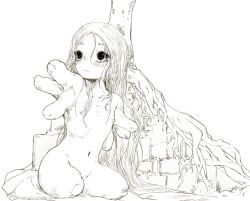 Rule 34 | 1girl, amputee, no arms, closed mouth, dirty, extra arms, female focus, flat chest, highres, long hair, megrim haruyo, monochrome, navel, nipples, original, pussy, quadruple amputee, roots, sitting, solo, tree