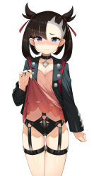 Rule 34 | 1girl, absurdres, asymmetrical bangs, backpack, bag, black choker, black hair, black nails, black panties, blue eyes, blush, bondage outfit, breasts, choker, cleavage, closed mouth, clothes lift, collarbone, creatures (company), dress, dress lift, earrings, embarrassed, frown, game freak, hair ribbon, harness, heart, heart-shaped pupils, highres, jewelry, lifted by self, long hair, long sleeves, looking at viewer, marnie (pokemon), nail polish, nintendo, nose blush, panties, pokemon, pokemon swsh, red ribbon, ribbon, simple background, single earring, skindentation, small breasts, solo, symbol-shaped pupils, tears, topu, twintails, underwear, wavy mouth, white background