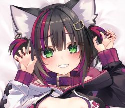 Rule 34 | 1girl, animal ear fluff, animal ears, areola slip, bad id, bad pixiv id, bed sheet, black hair, black hoodie, breasts, cat ears, cat hair ornament, claw pose, collar, commentary request, green eyes, grin, hair between eyes, hair ornament, hands up, hood, hood down, hoodie, long sleeves, lying, medium breasts, multicolored hair, nail polish, on back, original, out-of-frame censoring, puffy long sleeves, puffy sleeves, purple collar, purple hair, red hair, red nails, shirokitsune, sleeves past wrists, smile, solo, streaked hair, upper body, white hoodie