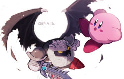 Rule 34 | :o, armor, armored boots, black wings, blue eyes, blush, blush stickers, boots, chiimako, commentary request, dark meta knight, dated, gloves, holding, holding sword, holding weapon, kirby, kirby (series), looking at another, mask, nintendo, no humans, open mouth, pauldrons, red footwear, shoulder armor, simple background, spiked wings, spikes, sword, torn wings, weapon, white background, white gloves, wings, yellow eyes