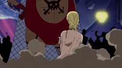 Rule 34 | 1girl, animated, animated gif, bellett, blonde hair, blush, blush stickers, covering privates, covering breasts, emporio ivankov, gender transformation, genderswap, genderswap (mtf), impel down, lowres, multiple boys, multiple girls, one piece