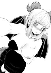 Rule 34 | 1girl, aliasing, bare shoulders, blush, clothes pull, commentary, commission, demon girl, demon horns, demon wings, dress, dress pull, dutch angle, english commentary, greyscale, highres, horns, long hair, monochrome, no bra, norman maggot, one breast out, original, outstretched arm, pointy ears, pulling own clothes, self exposure, selfie, short dress, sidelocks, solo, strapless, strapless dress, sweatdrop, tail, white background, wings