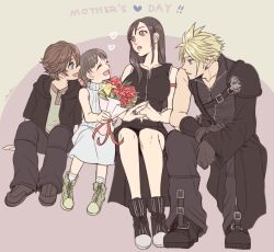 Rule 34 | 2boys, 2girls, apron, armor, bare shoulders, belt, belt buckle, black apron, black footwear, black gloves, black hair, black pants, black shorts, black sleeves, black vest, blonde hair, blue eyes, bouquet, breasts, brown hair, buckle, child, cloud strife, collarbone, crop top, denzel (ff7), detached sleeves, earrings, family, final fantasy, final fantasy vii, final fantasy vii advent children, flower, full body, gloves, heart, high collar, holding, holding bouquet, invisible chair, jewelry, large breasts, long hair, looking at another, marlene wallace, mother&#039;s day, multiple belts, multiple boys, multiple girls, nidou (rechlo), open mouth, own hands together, pants, red eyes, red flower, red ribbon, red rose, ribbon, ring, rose, short hair, shorts, shoulder armor, single bare shoulder, single detached sleeve, single earring, sitting, skirt, sleeveless, sleeveless turtleneck, smile, socks, spiked hair, stud earrings, sweater, swept bangs, teardrop earring, tifa lockhart, turtleneck, turtleneck sweater, vest, waist apron, white skirt, white socks, yellow flower
