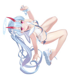 Rule 34 | 1girl, ass, bare arms, bare legs, bare shoulders, bikini, blue archive, blue hair, blue nails, blue sailor collar, blush, breasts, butt crack, chise (blue archive), chise (swimsuit) (blue archive), collarbone, fingernails, flower, full body, hair ornament, horns, long hair, looking at viewer, nail polish, navel, nipple slip, nipples, oni horns, red eyes, sailor collar, sandals, see-through, side-tie bikini bottom, simple background, small breasts, solo, striped bikini, striped clothes, swimsuit, toenail polish, toenails, twintails, very long hair, white background, white footwear, zi se
