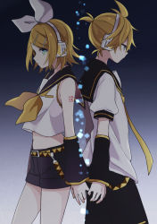 Rule 34 | 1boy, 1girl, arms at sides, back-to-back, bare legs, belt, black background, black sailor collar, black shorts, blonde hair, blue background, blue eyes, brother and sister, cube, dark background, detached sleeves, expressionless, flat chest, glowing, gradient background, hair ribbon, half-closed eyes, headset, kagamine len, kagamine rin, looking away, looking back, midriff, navel, necktie, number tattoo, parted lips, profile, puffy short sleeves, puffy sleeves, ribbon, sailor collar, see-through, shirt, short hair, short sleeves, shorts, shoulder tattoo, siblings, simple background, sleeveless, sleeveless shirt, standing, suzumi (fallxalice), tattoo, thighs, twins, vocaloid, white background, white ribbon, white shirt, yellow neckwear, yellow ribbon