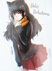 Rule 34 | 1girl, animal ears, black hair, blake belladonna, cat ears, character name, long hair, red skirt, rwby, scarf, skirt, skirt hold, sleeves past wrists, solo, sumiwow, white background, yellow eyes, yellow scarf