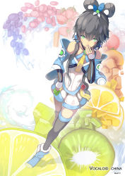 Rule 34 | 1girl, artist name, bare shoulders, berry, black hair, black thighhighs, copyright name, detached sleeves, food, fruit, grapes, green eyes, hair ornament, hair rings, hand to own mouth, highres, holding, kiwi (fruit), lemon, lemon slice, looking at viewer, luo tianyi, madyy, rainbow order, single thighhigh, skirt, solo, strawberry, thighhighs, twintails, vocaloid