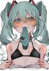 Rule 34 | 1girl, absurdres, aqua eyes, aqua hair, aqua necktie, arm tattoo, bare shoulders, black bra, blush, bra, breasts, clenched teeth, collarbone, commentary request, hair between eyes, hatsune miku, highres, long hair, looking at viewer, mouth hold, necktie, necktie in mouth, simple background, small breasts, smile, solo, sweat, tattoo, teeth, tsune (tune), twintails, underwear, upper body, vocaloid, white background