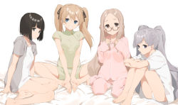 Rule 34 | 2l (2lsize), 4girls, barefoot, bed sheet, black hair, blue eyes, bob cut, braid, brown eyes, butterfly sitting, closed mouth, crossed arms, crown braid, feet, feet together, forehead, grey eyes, grin, hand up, hands on feet, highres, hood, hoodie, kneeling, knees up, legs together, long hair, looking at viewer, multiple girls, no pants, open clothes, open hoodie, original, pajamas, parted lips, purple eyes, shirt, short hair, short sleeves, sitting, sleeves past wrists, smile, thighs, toes, twintails, very long hair, white legwear, white shirt, yokozuwari