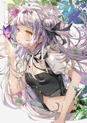 Rule 34 | 1girl, black bow, black ribbon, blunt bangs, bow, bug, butterfly, butterfly on hand, earrings, flower, frilled sleeves, frills, grey hair, hair bow, hair bun, highres, hololive, insect, jewelry, long hair, miakiuehashi, midriff, murasaki shion, navel, neck ribbon, puffy short sleeves, puffy sleeves, ribbon, short eyebrows, short sleeves, sidelocks, solo, virtual youtuber, yellow eyes