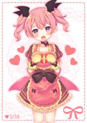 Rule 34 | 1girl, :d, apron, bat hair ornament, bow, choker, dated, demon girl, emelia pris, fang, frills, hair ornament, heart, highres, lace, looking at viewer, low wings, mittens, natsume asato, open mouth, pink eyes, pink hair, pop-up story, short hair, skin fang, smile, solo, demon girl, twintails, valentine, wings