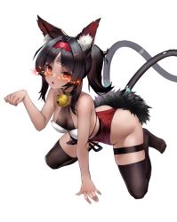 Rule 34 | 1girl, absurdres, all fours, animal ear fluff, animal ears, barcode, bell, black hair, black thighhighs, blush, breasts, cat ears, cat girl, cat tail, dark-skinned female, dark skin, fur trim, hairband, highres, janload1ng, kneeling, looking at viewer, medium breasts, multiple tails, neck bell, nekomiya mana, parted lips, paw pose, ponytail, red hairband, sidelocks, simple background, skindentation, solo, tail, thigh strap, thighhighs, two tails, white background, zenless zone zero