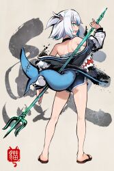 Rule 34 | 1girl, bare shoulders, black choker, black jacket, blue eyes, brown footwear, chest sarashi, choker, fate (series), fins, fish tail, from behind, full body, gawr gura, grey background, hair ornament, highres, holding, holding polearm, holding weapon, hololive, hololive english, jacket, looking at viewer, looking back, open mouth, polearm, robot cat (robotcatart), sandals, sarashi, shark girl, shark tail, sharp teeth, smile, solo, standing, tail, teeth, trident, virtual youtuber, weapon